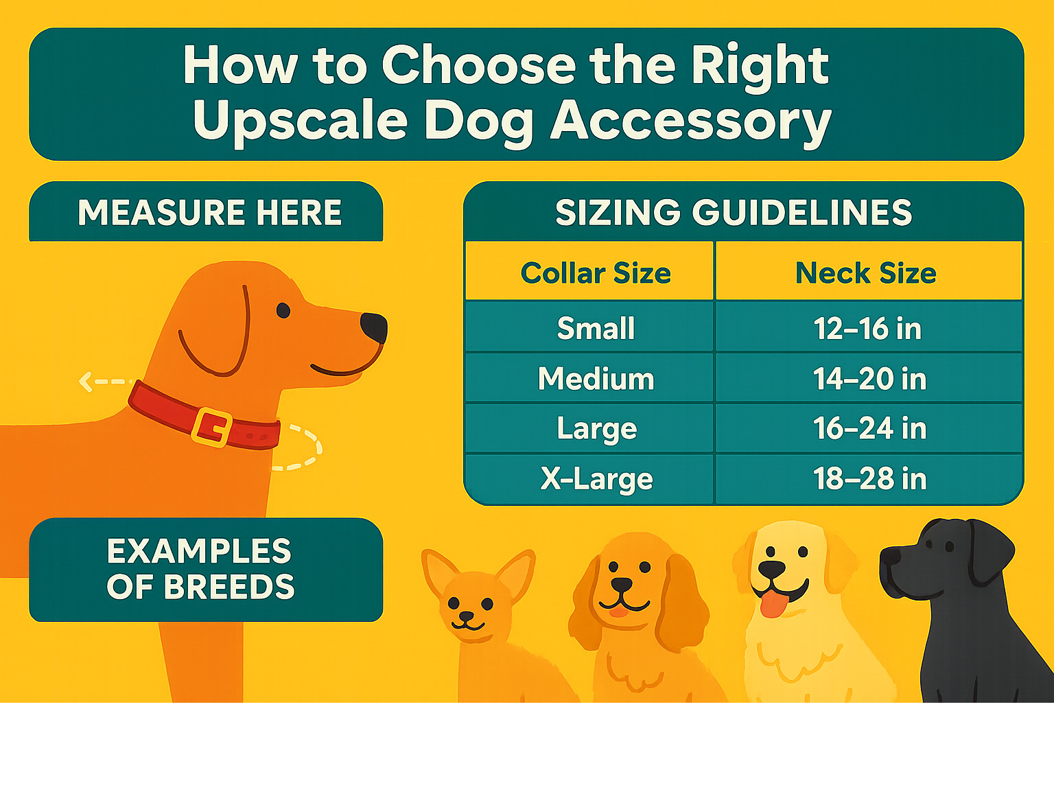 Infographic showing proper collar measurement techniques and sizing guidelines for different dog breeds - upscale dog accessories infographic