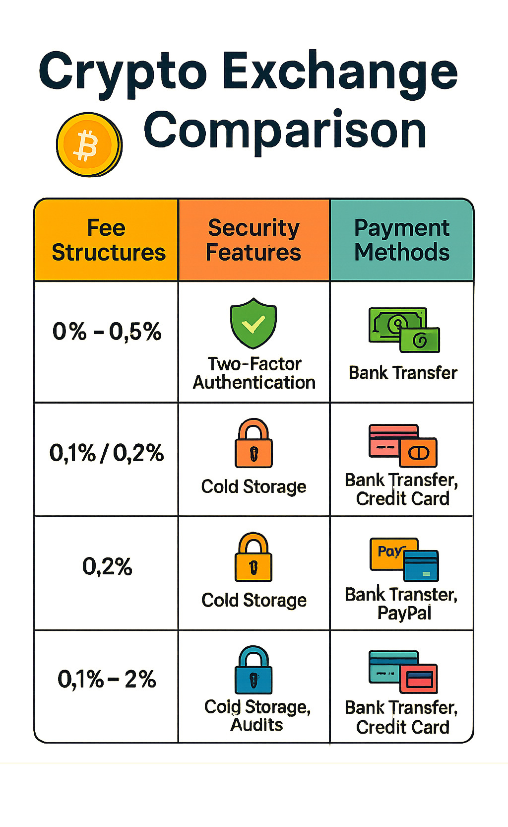 Comprehensive comparison table showing fee structures, security features, and supported payment methods across major crypto exchanges - crypto exchange infographic