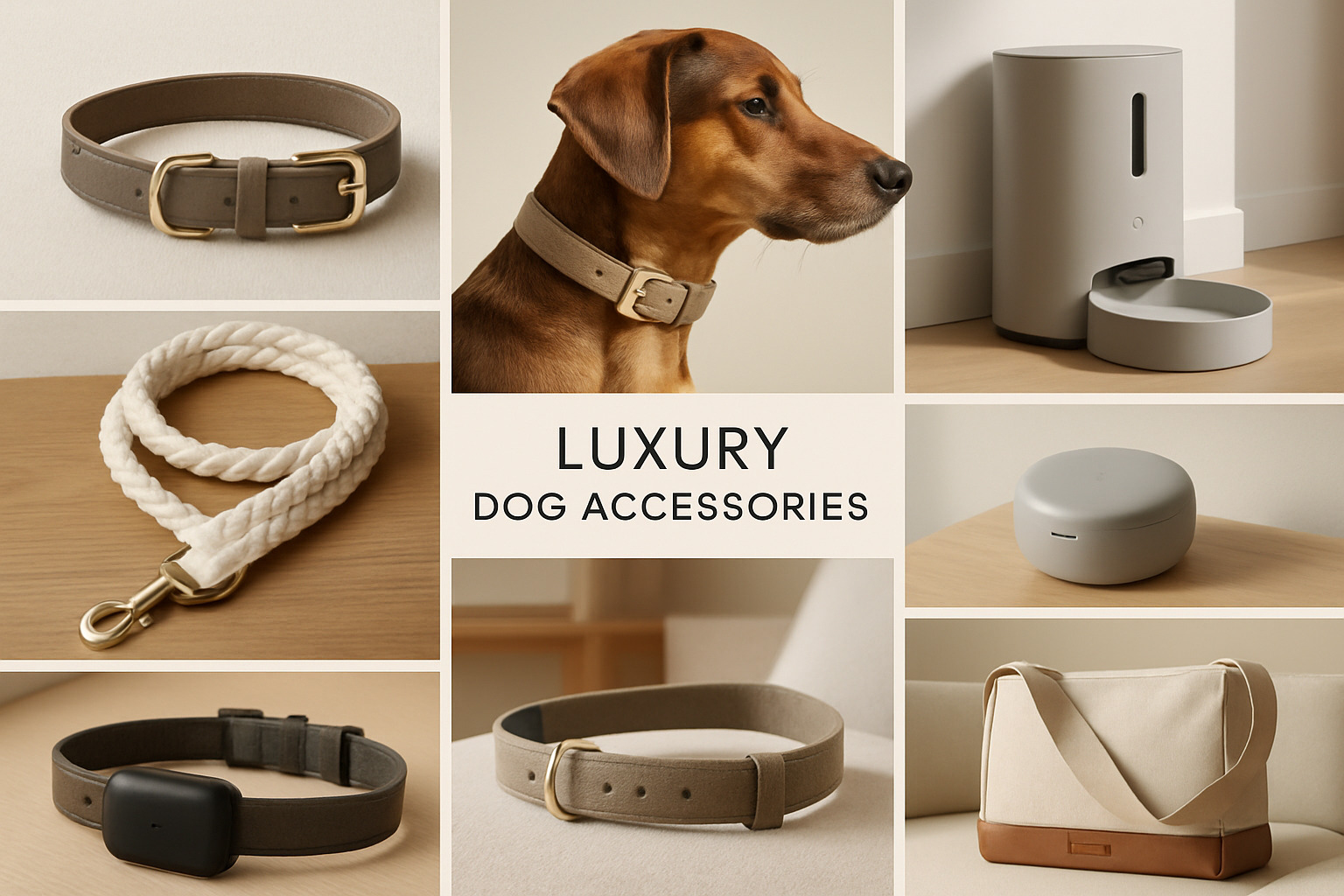 Fashion trend moodboard showing luxury pet accessories with minimalist aesthetics, eco-friendly materials, and tech integration - upscale dog accessories
