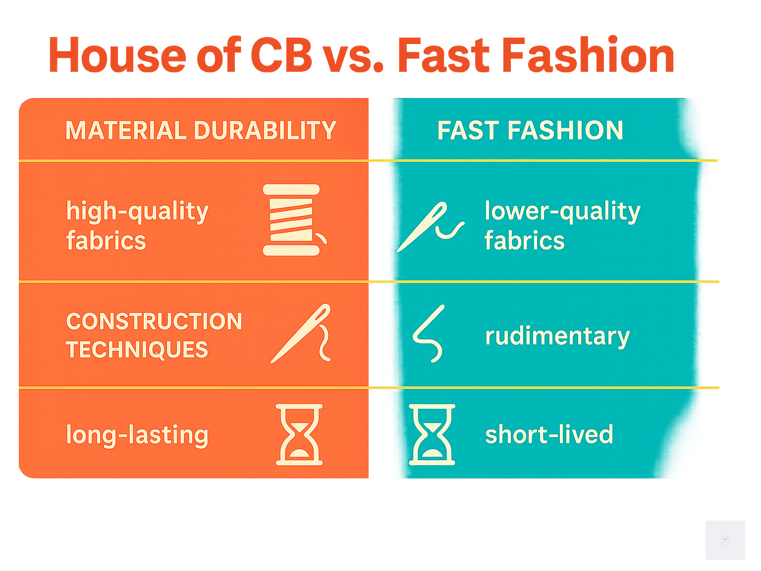 Comparison chart showing House of CB quality metrics versus typical fast fashion brands, including material durability, construction techniques, and longevity - House of CB infographic 