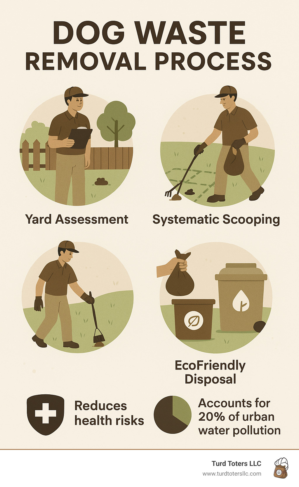 infographic showing the complete process of professional dog waste removal from initial yard assessment through systematic scooping in grid patterns to final eco-friendly disposal via composting or wastewater treatment, including health benefits and environmental impact statistics - companies that pick up dog waste infographic 