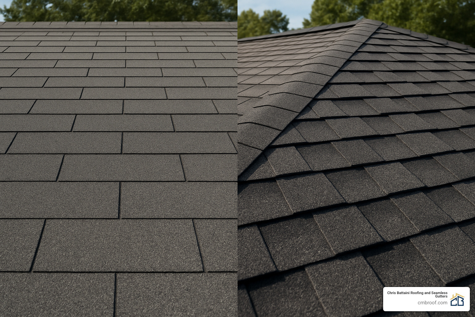 Side-by-side comparison of 3-tab shingles and architectural shingles showing the dimensional difference - architectural shingle roof cost