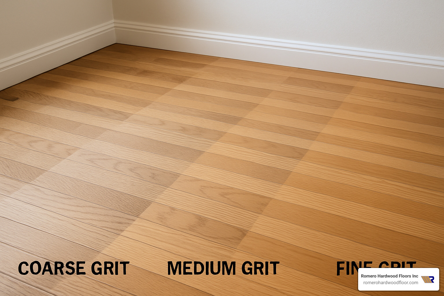 Progressive sanding stages showing coarse, medium, and fine grit results on hardwood flooring - restoring old floors