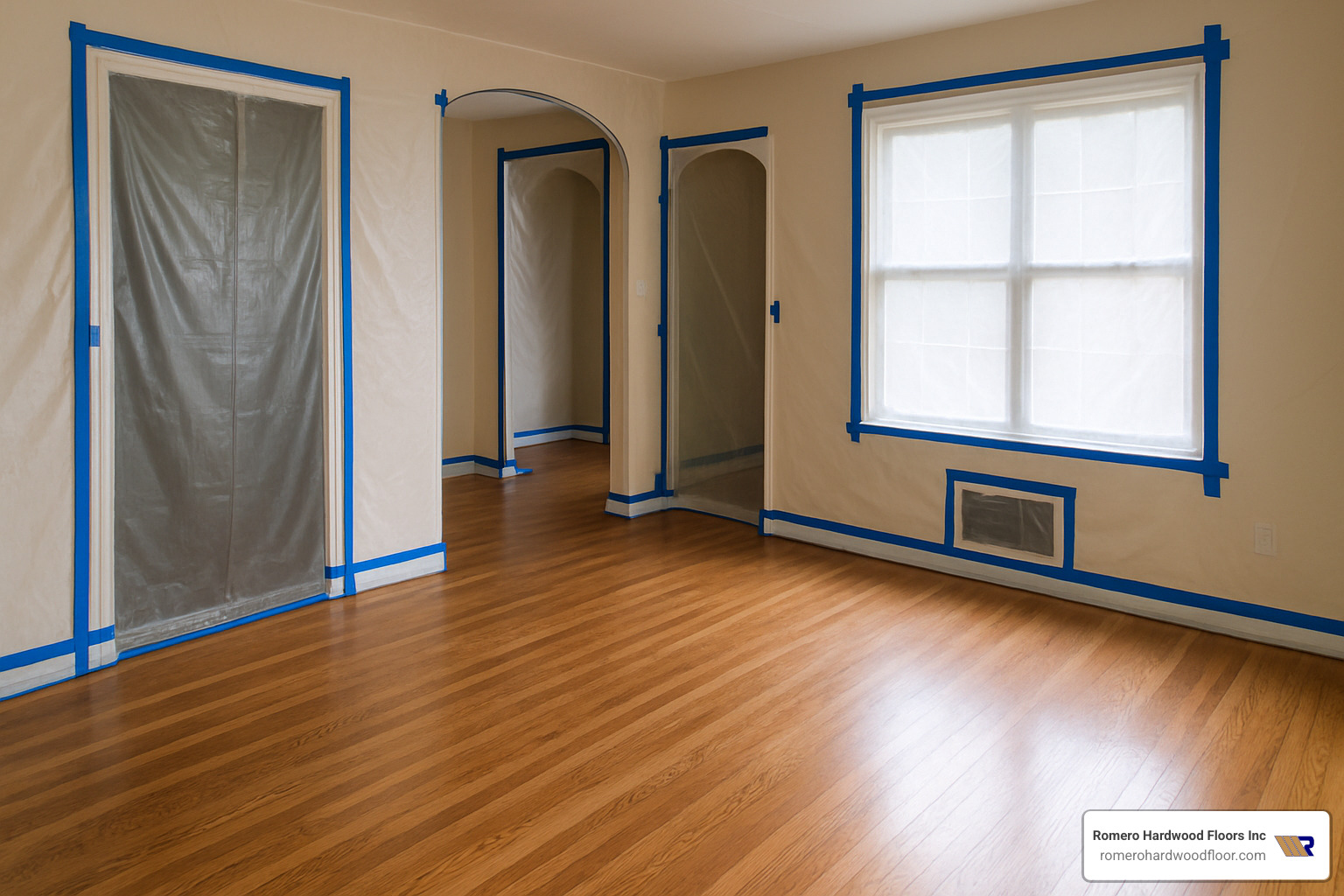 Room sealed with plastic sheeting for dust containment during floor restoration - restoring old floors