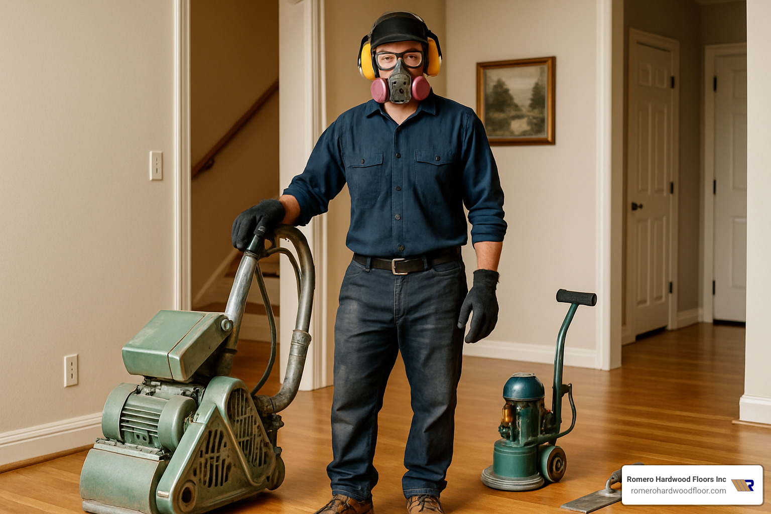 Complete personal protective equipment setup for floor restoration including respirator, safety glasses, hearing protection, and work clothes - restoring old floors