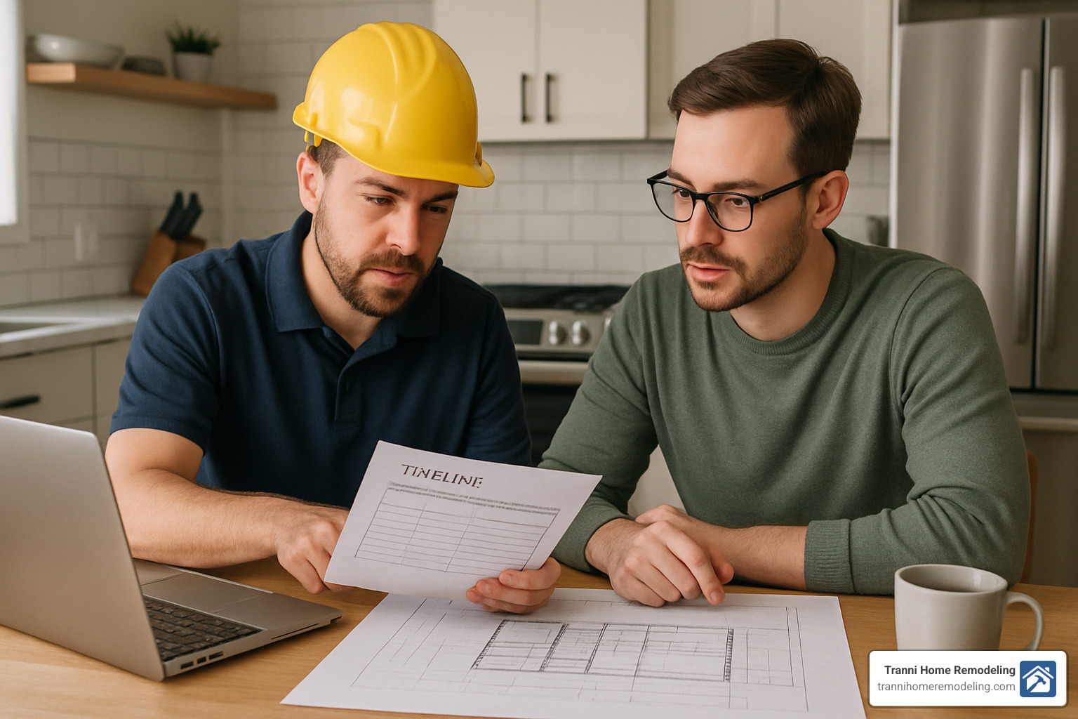 Professional meeting between homeowner and contractor reviewing project plans and timeline documents at kitchen table - kitchen renovation contractors
