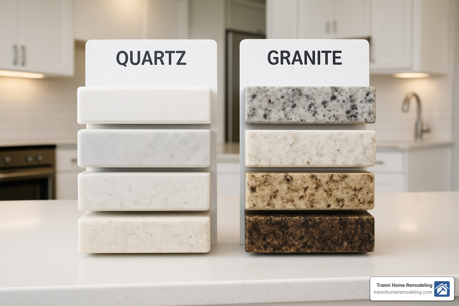 Comparison samples showing quartz versus granite countertop options with different edge treatments, colors, and finishes displayed side by side - kitchen renovation contractors