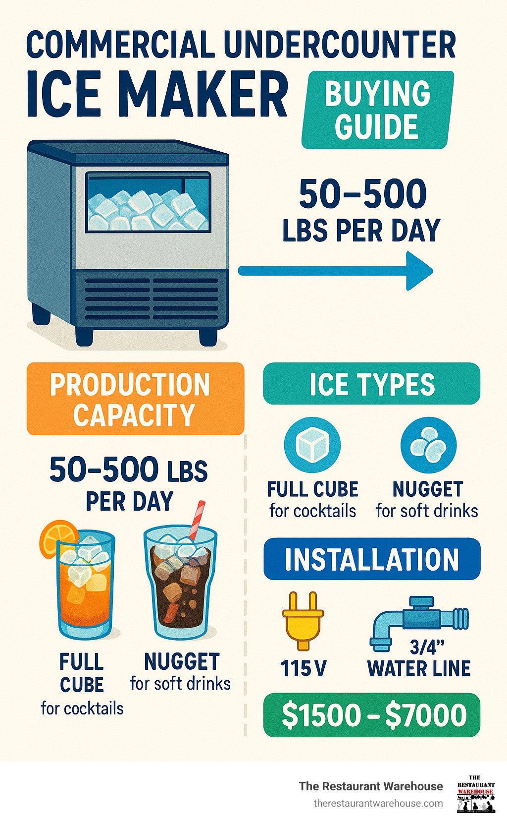 Commercial undercounter ice maker buying guide showing production capacity ranges from 50-500 lbs per day, ice types including full cube for cocktails and nugget for soft drinks, installation requirements of 115V power and 3/4 inch water line, and price ranges from budget models at $1500 to high-capacity units at $7000 - commercial undercounter ice maker infographic