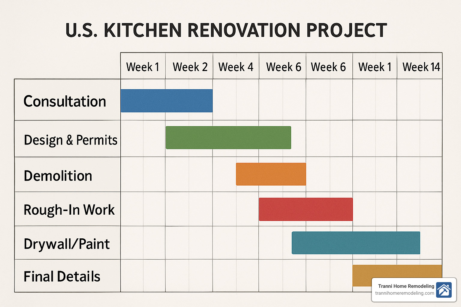 Detailed Gantt chart timeline showing overlapping phases of kitchen renovation: weeks 1-2 consultation, weeks 2-6 design and permits, week 7 demolition, weeks 8-9 rough-in work, week 10 drywall/paint, weeks 11-13 installations, week 14 final details - kitchen renovation contractors