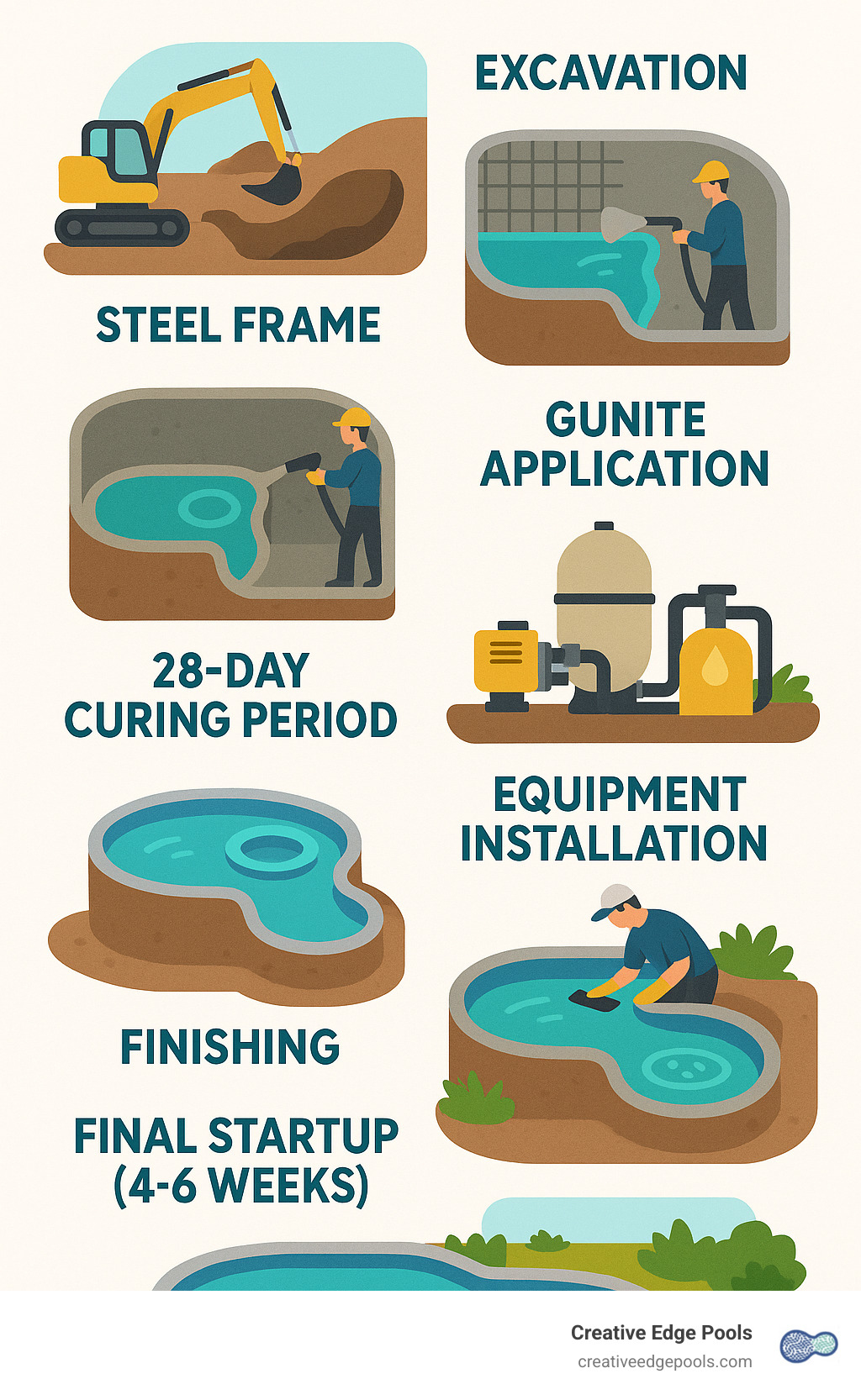 Detailed infographic showing gunite pool with spa construction timeline from excavation through final startup, including 28-day curing period, equipment installation, and finishing phases - gunite pool with spa infographic 