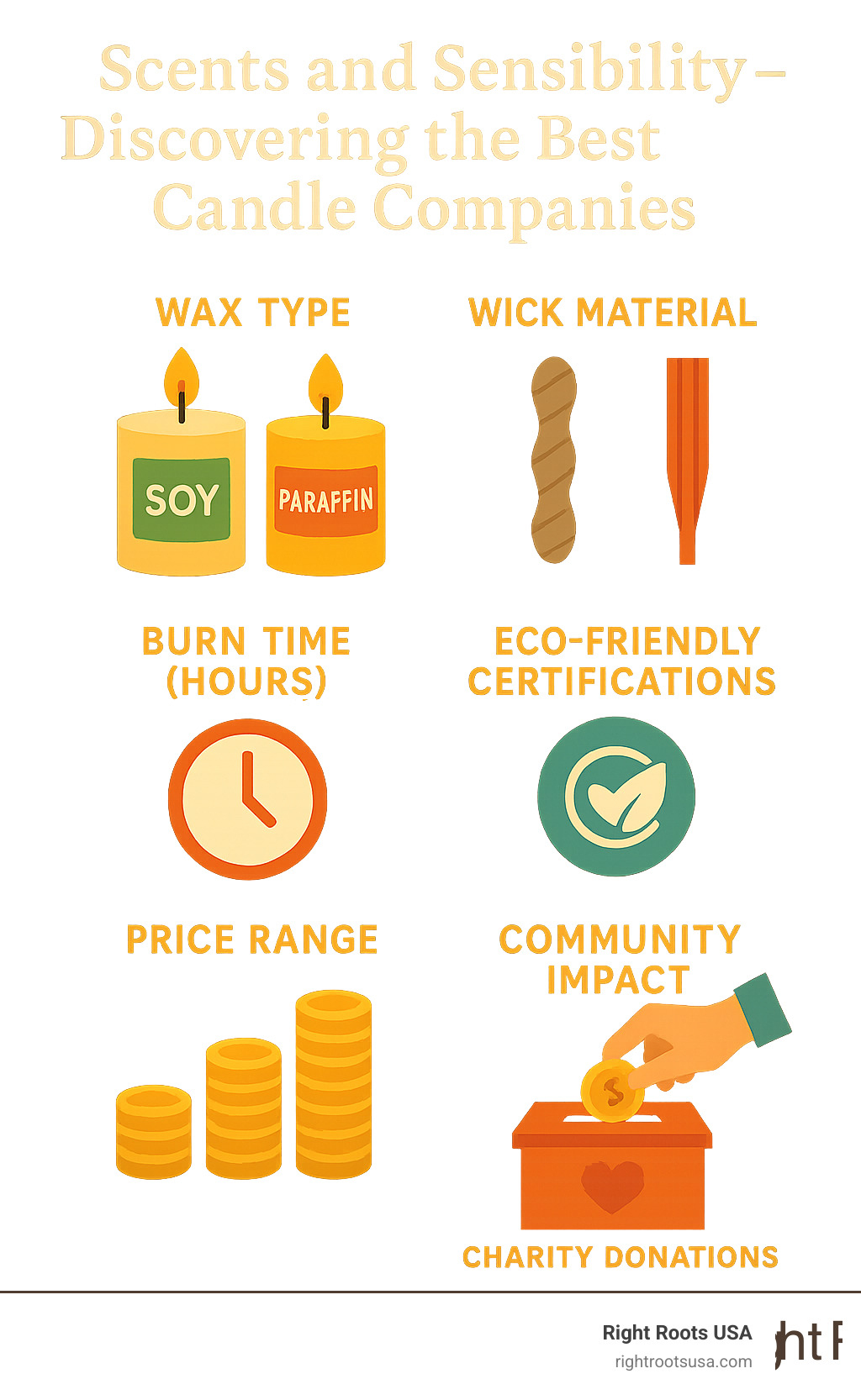 Infographic showing candle company selection criteria including wax type (soy vs paraffin), wick material (cotton vs wood), burn time hours, eco-friendly certifications, price ranges, and community impact initiatives like charity donations - candle company infographic 