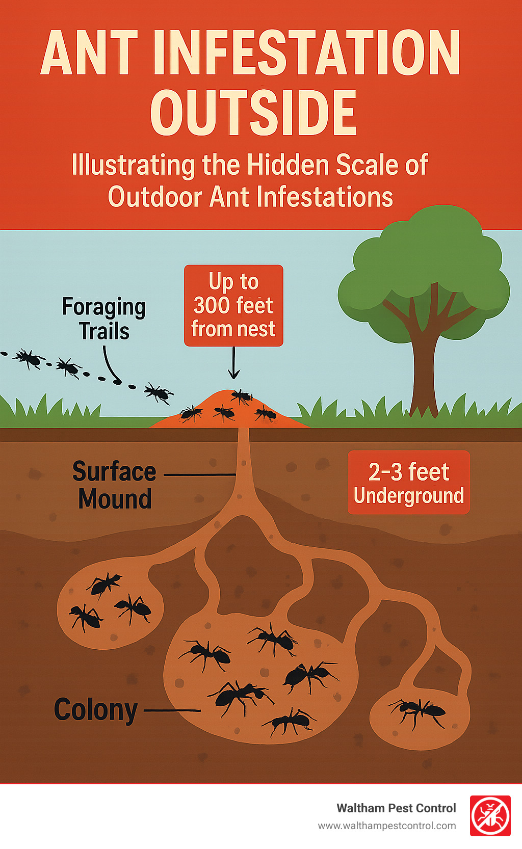 Infographic showing cross-section of ant colony extending 2-3 feet underground with multiple chambers, surface mound, and foraging trails extending up to 300 feet from nest, illustrating the hidden scale of outdoor ant infestations - ant infestation outside infographic 