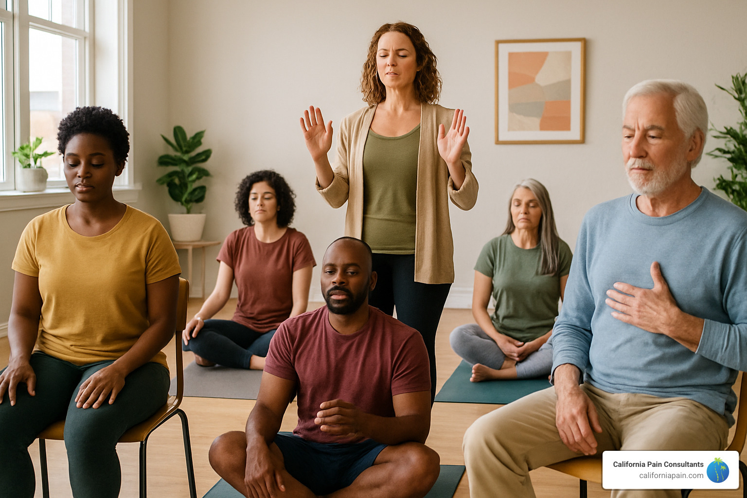 group of people in a mind-body therapy class with instructor - how do mind body treatments help chronic pain