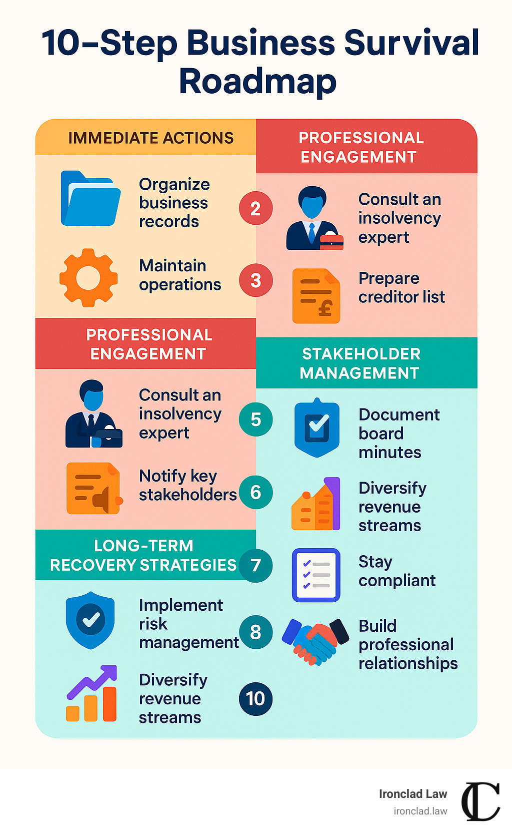 10-step business survival roadmap showing immediate actions, professional engagement, stakeholder management, and long-term recovery strategies - business insolvency advice infographic