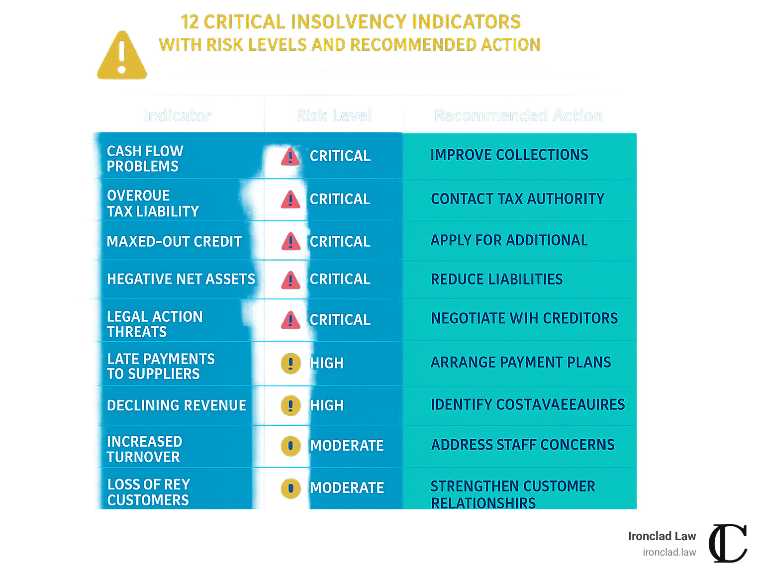 Early warning checklist showing 12 critical insolvency indicators with risk levels and recommended actions - business insolvency advice infographic