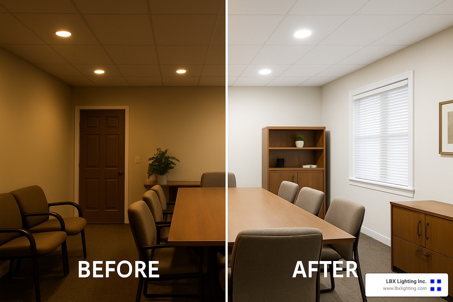 before and after LED retrofit showing energy savings and improved lighting quality - electrical installation services