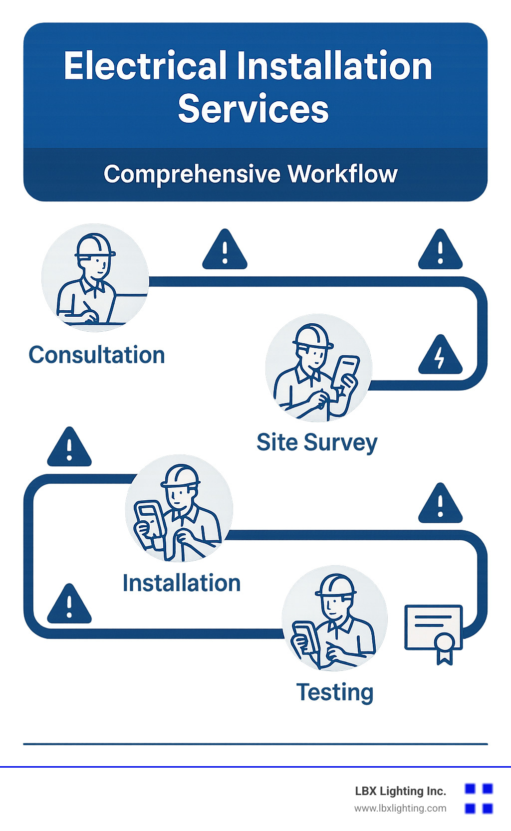 Comprehensive electrical installation services workflow showing consultation, site survey, installation, testing, and certification phases with timeline and safety checkpoints - electrical installation services infographic 