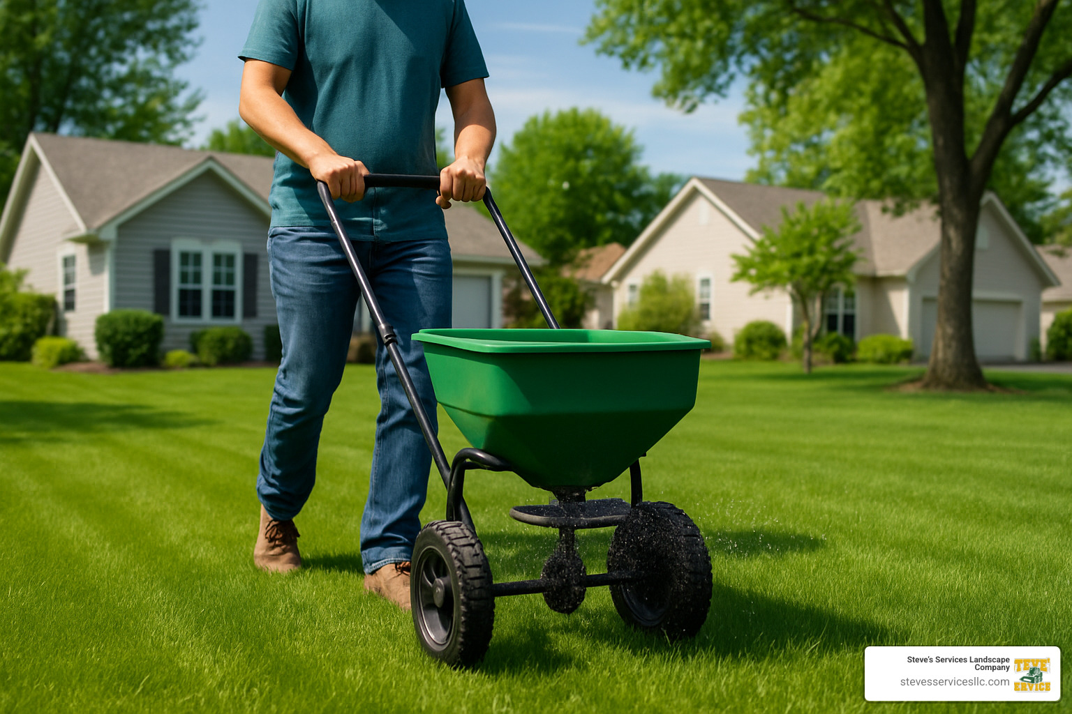 person using broadcast spreader - lawn feed fertilizer