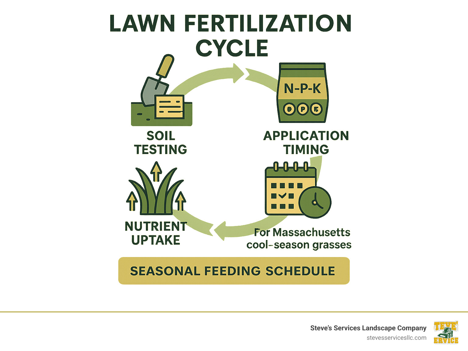 Infographic showing the complete lawn fertilization cycle from soil testing through nutrient uptake, including N-P-K breakdown, application timing for Massachusetts cool-season grasses, and seasonal feeding schedule - lawn feed fertilizer infographic 