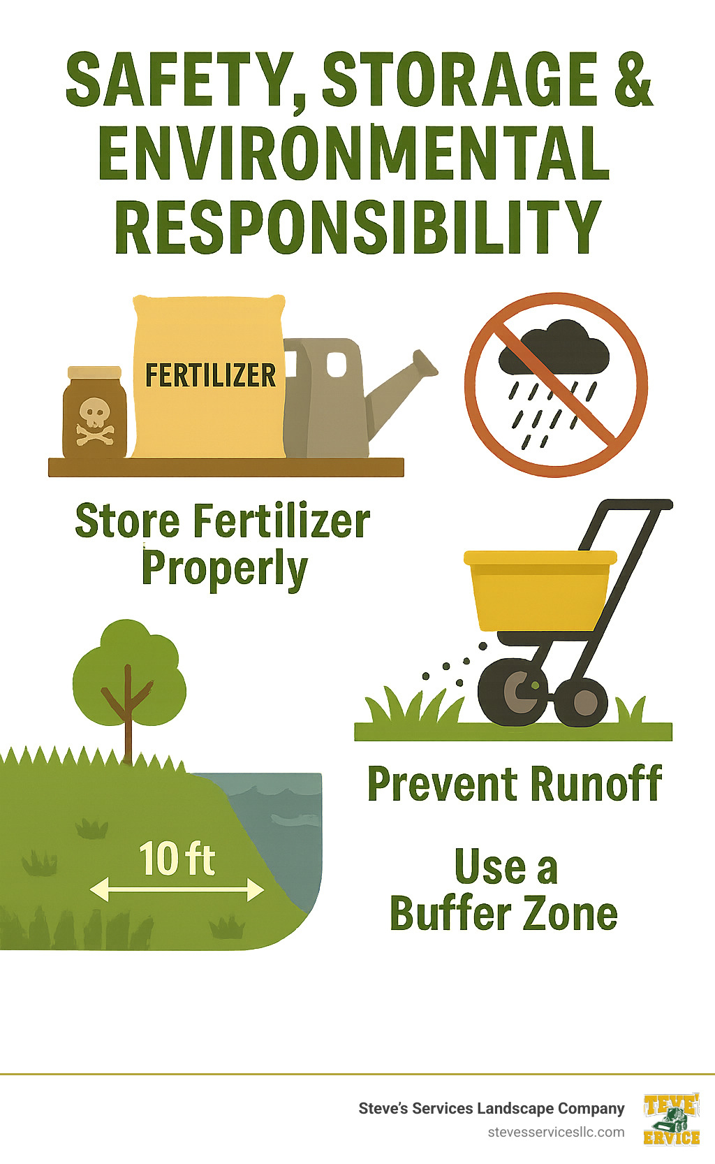 Infographic showing proper fertilizer storage methods, runoff prevention techniques, and environmental best practices including buffer zones near water features - lawn feed fertilizer infographic 
