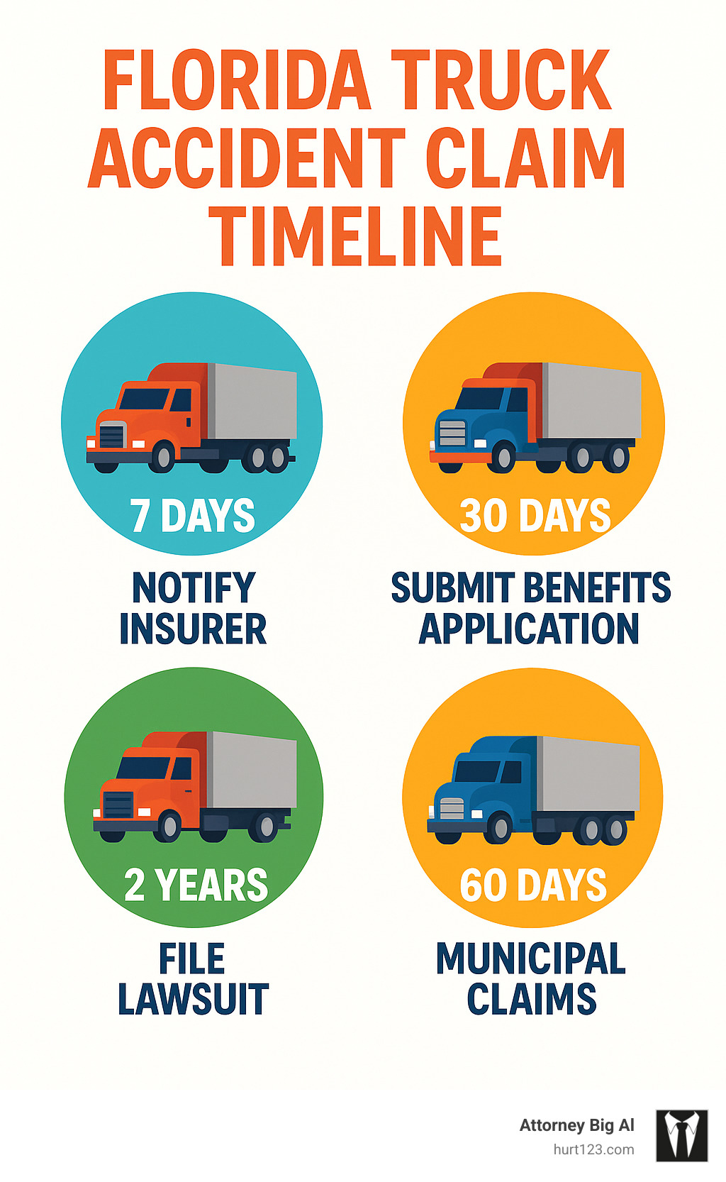 Infographic showing Florida truck accident claim timeline: 7 days to notify insurer, 30 days to submit benefits application, 2 years to file lawsuit, 60 days for municipal claims - truck accident personal injury infographic 