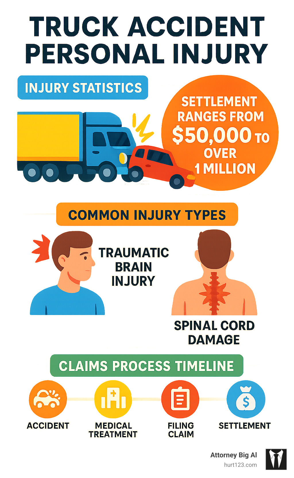 Infographic showing truck accident injury statistics, settlement ranges from $50,000 to over $1 million, common injury types including traumatic brain injury and spinal cord damage, and the claims process timeline from accident to settlement - truck accident personal injury infographic 