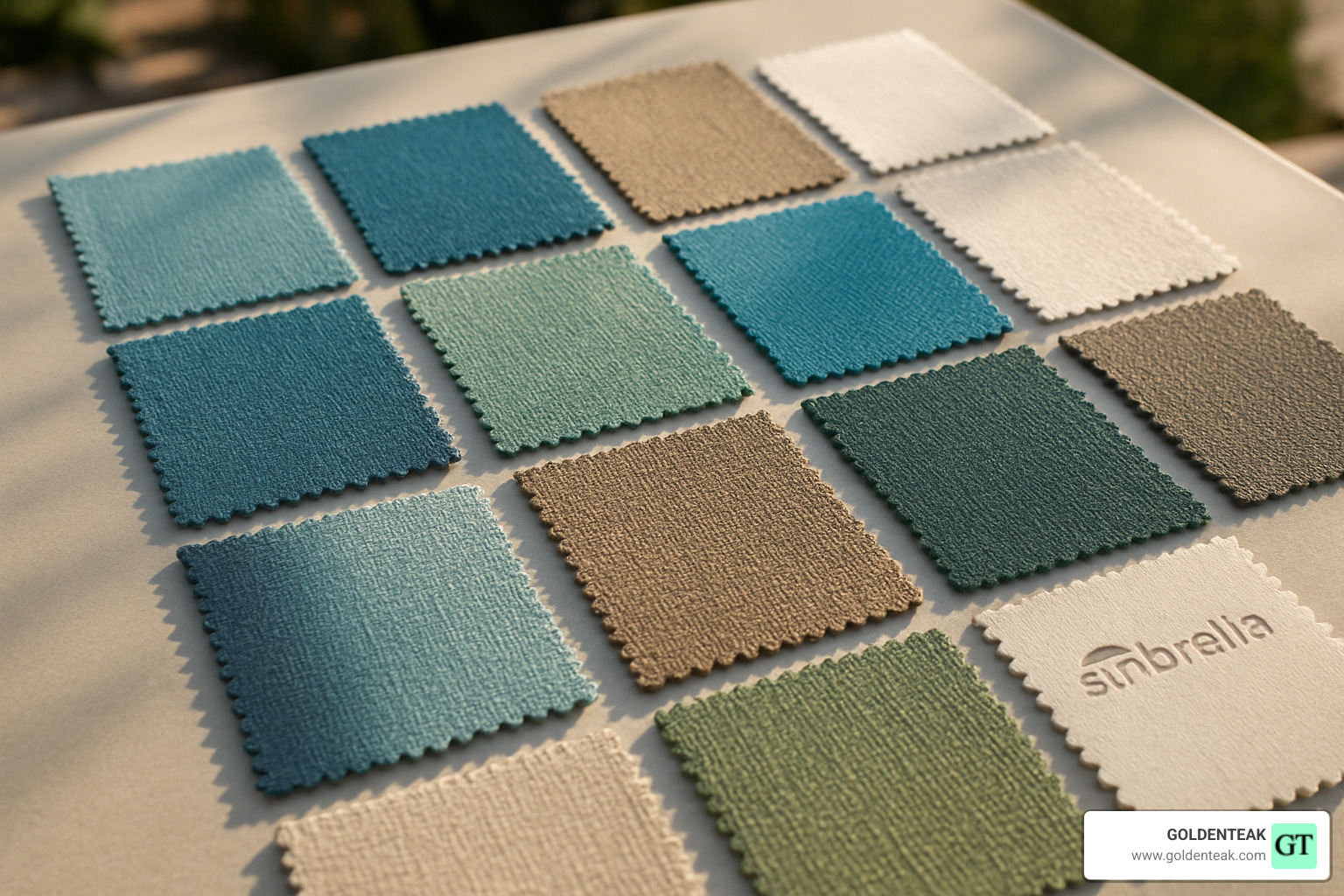 Array of colorful Sunbrella fabric swatches in blues, greens, and neutral tones - Teak Chaise Lounge Chair