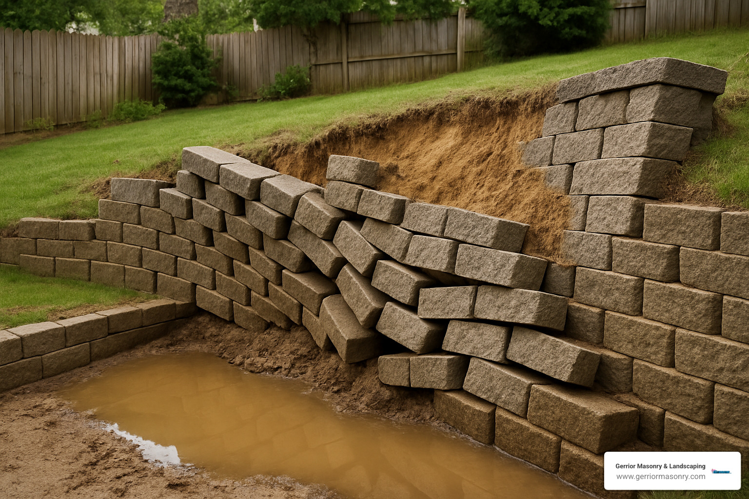 failed retaining wall showing consequences of poor base preparation - base for retaining wall