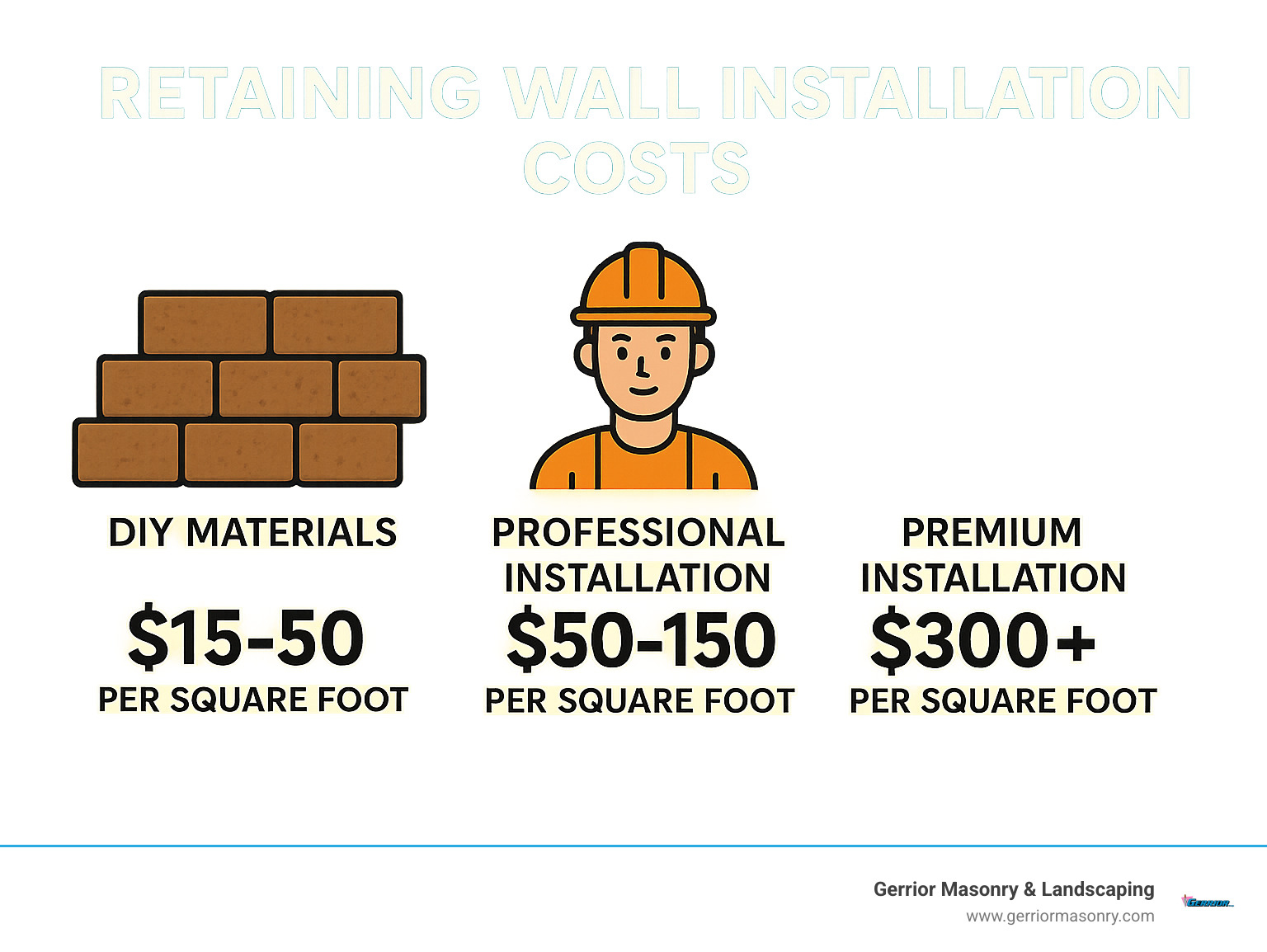 Cost breakdown infographic showing average retaining wall installation costs: DIY materials $15-50 per square foot, professional installation $50-150 per square foot, with premium installations reaching $300+ per square foot based on internet data - base for retaining wall infographic 