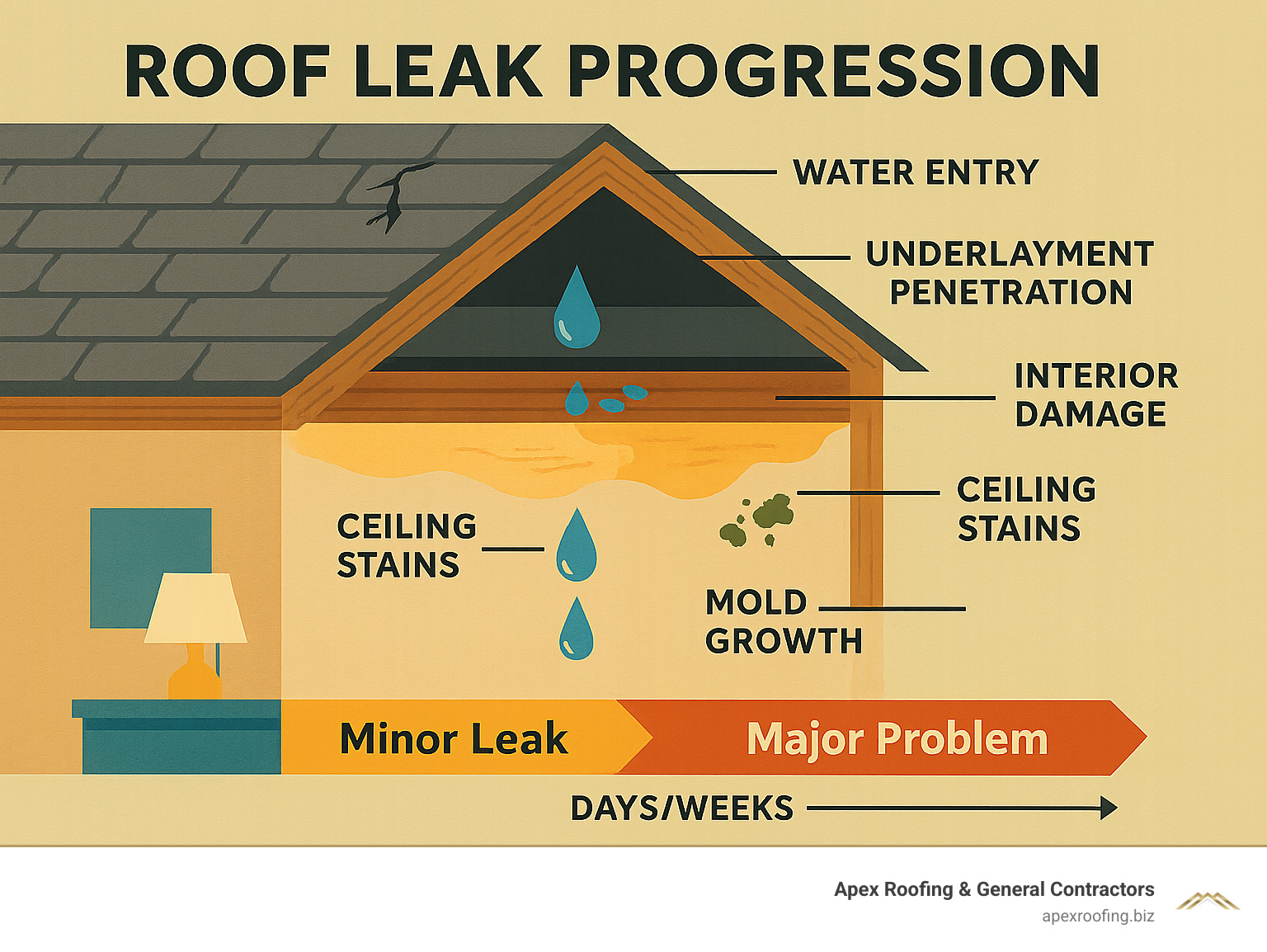 Detailed infographic showing roof leak progression from initial water entry through shingle damage, underlayment penetration, decking deterioration, interior damage including ceiling stains and mold growth, with timeline showing how minor leaks become major problems within days or weeks - roof leak repair near me infographic 