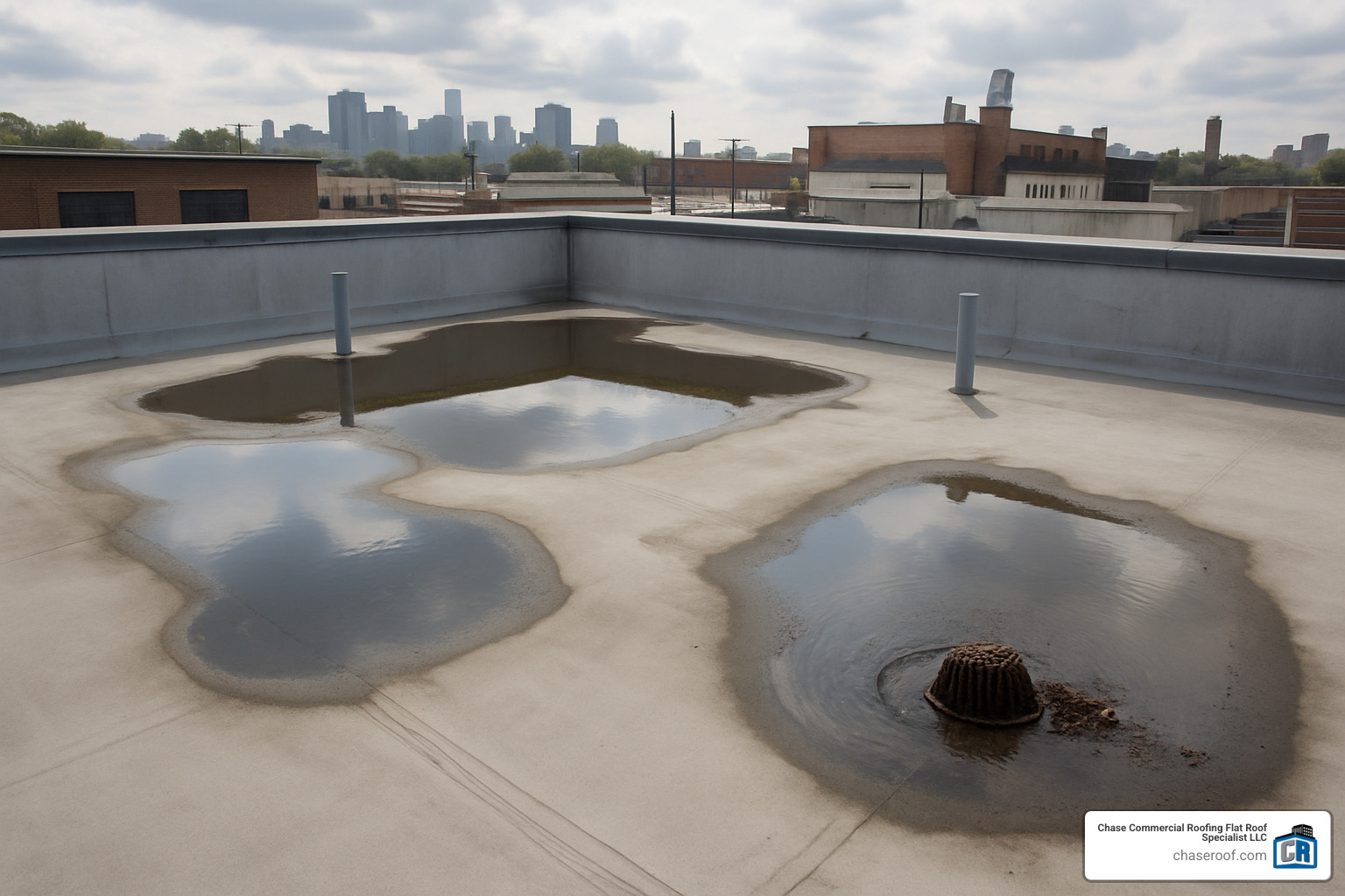 Commercial flat roof showing ponding water and drainage issues that require immediate attention - commercial roofing new jersey