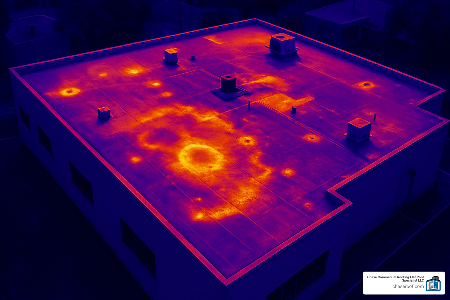 Infrared thermal imaging scan showing heat loss patterns and potential moisture intrusion on a commercial flat roof - commercial roofing new jersey