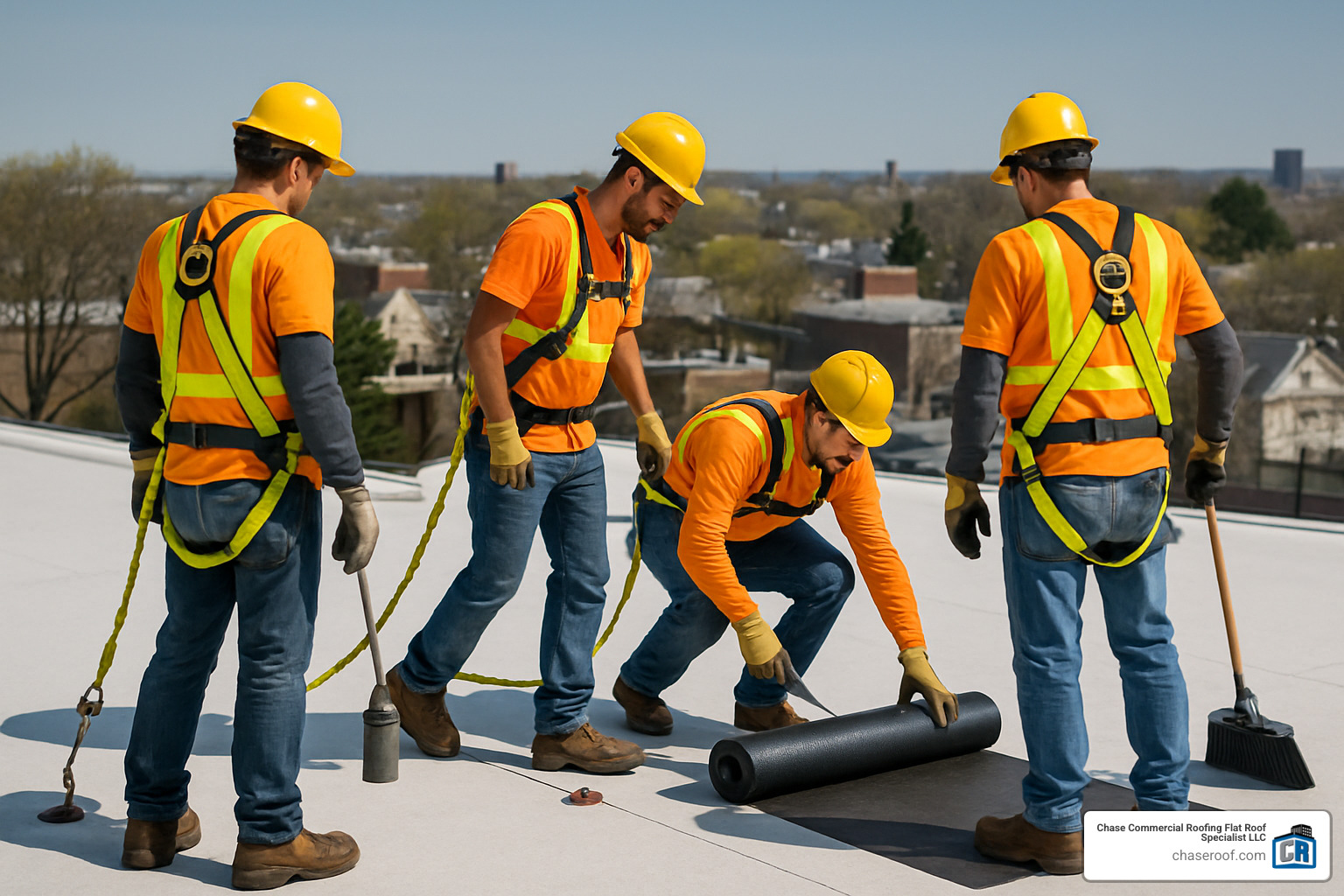 Commercial roofing crew wearing proper safety harnesses and fall protection equipment while working on a New Jersey flat roof - commercial roofing new jersey