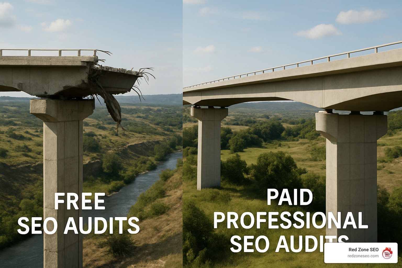 comparison between a broken bridge representing free audit limitations versus a solid bridge showing comprehensive paid audit benefits - seo audit cost