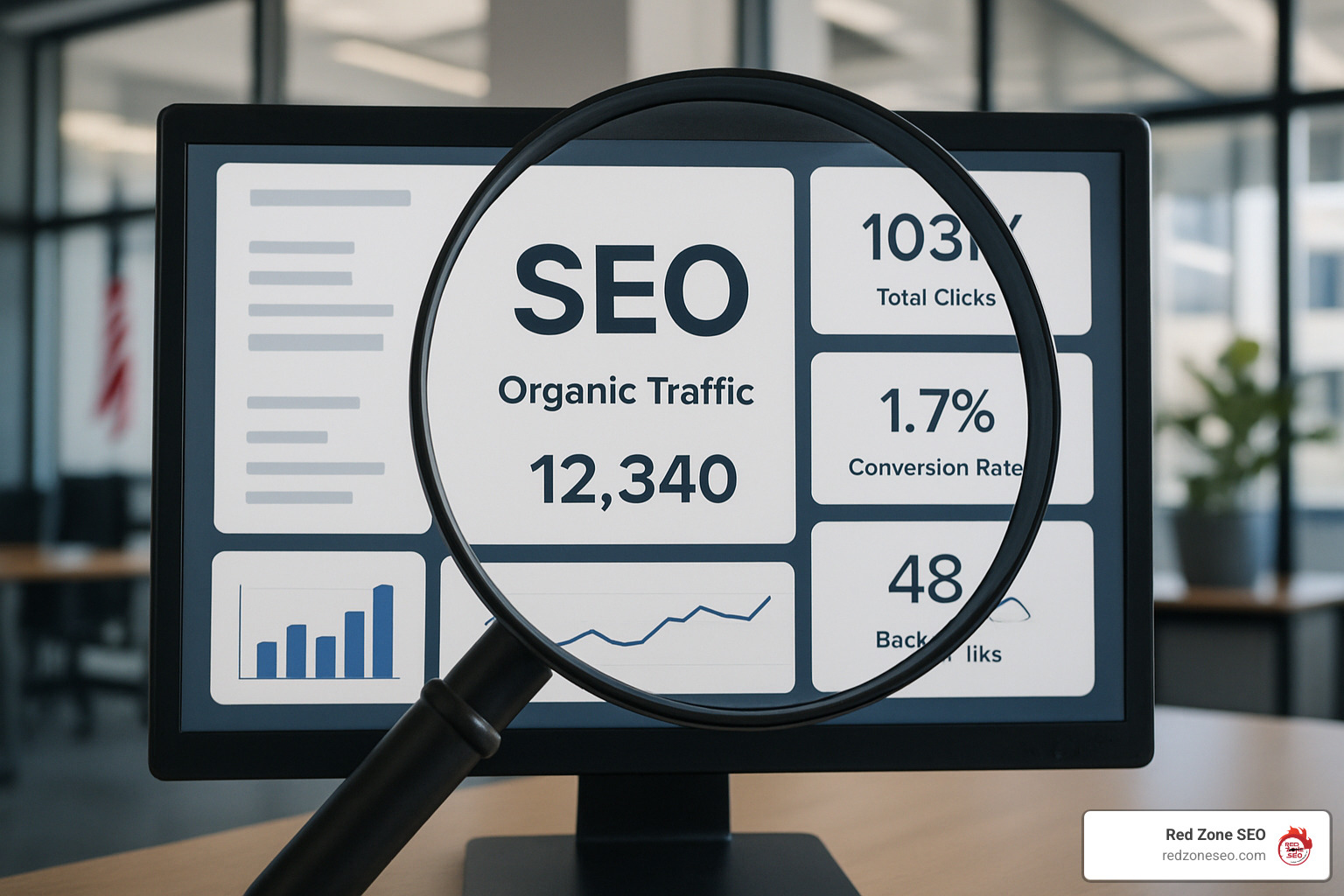 magnifying glass examining website analytics dashboard showing SEO performance metrics - seo audit cost