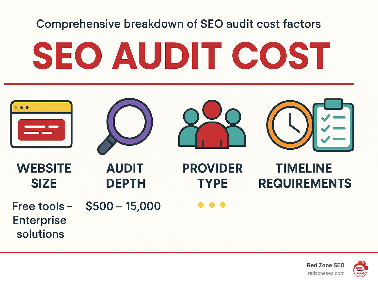 Comprehensive breakdown of SEO audit cost factors including website size, audit depth, provider type, timeline requirements, and deliverable quality with corresponding price ranges from free tools to enterprise solutions - seo audit cost infographic 