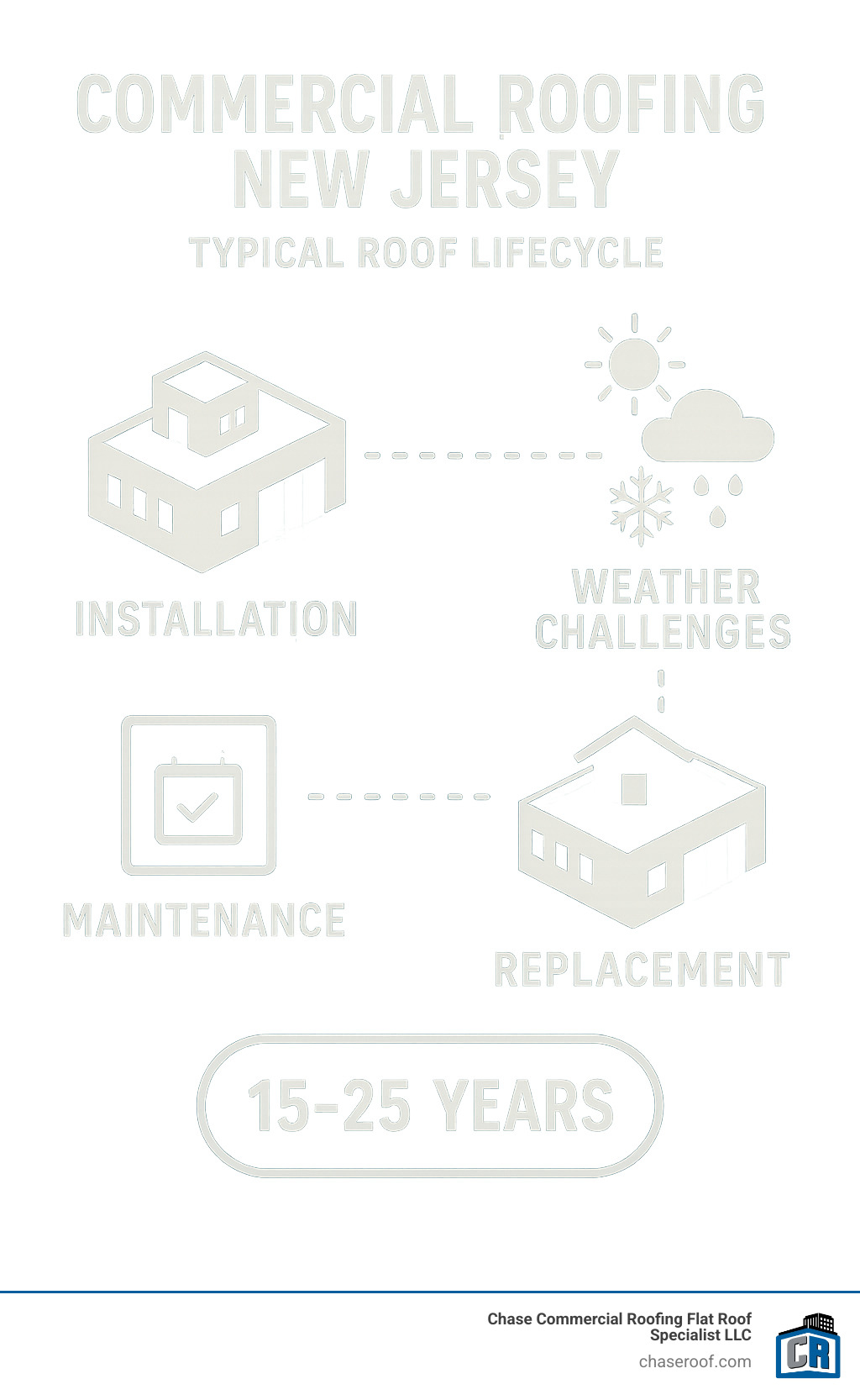 Infographic showing typical New Jersey commercial roof lifecycle from installation through maintenance milestones, weather challenges, and replacement timeline over 15-25 years - commercial roofing new jersey infographic 