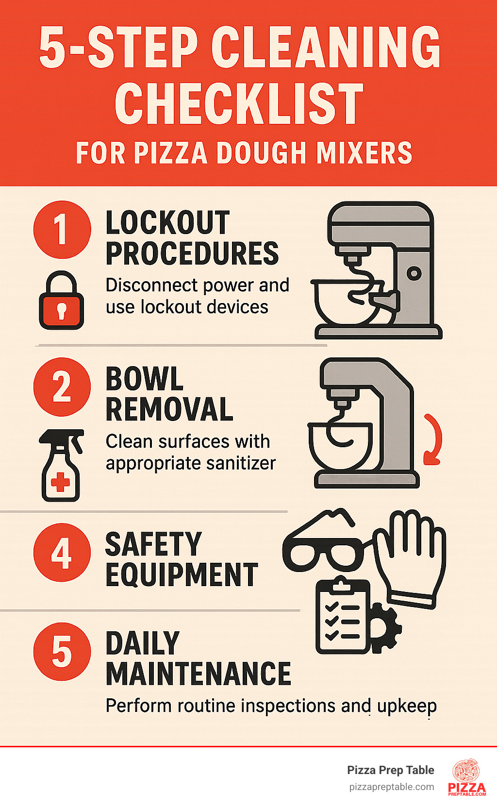 5-step cleaning checklist for pizza dough mixers showing lockout procedures, bowl removal, sanitizing solutions, safety equipment requirements, and daily maintenance tasks - pizza dough mixers infographic 