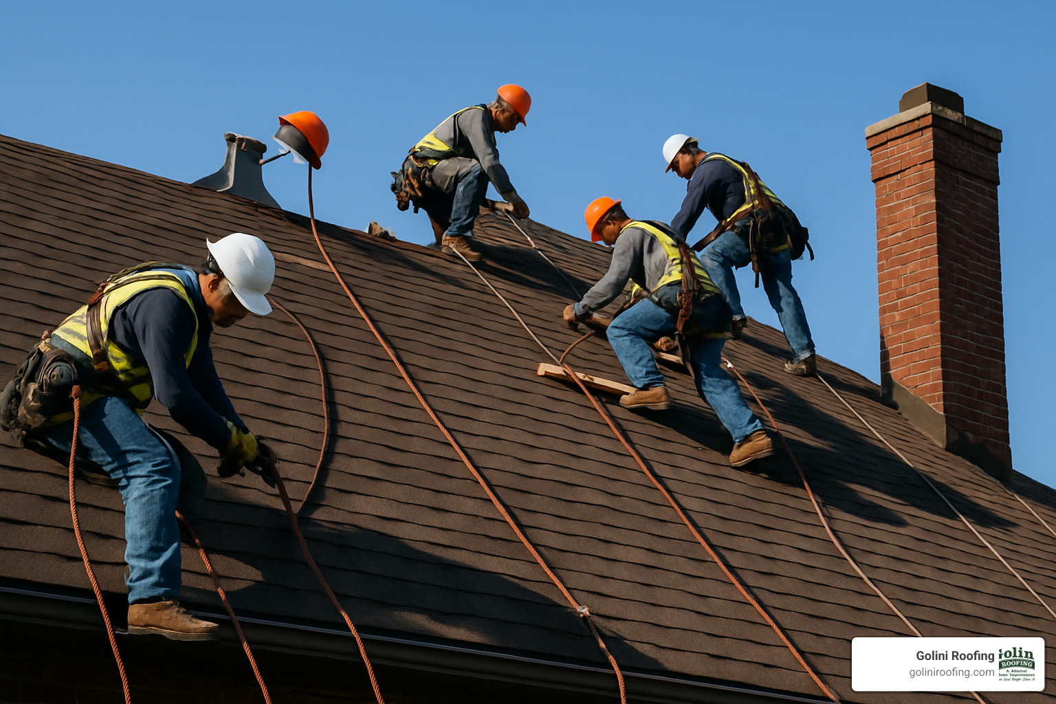 roofing crew working on steep roof with safety equipment - Average roof replacement time