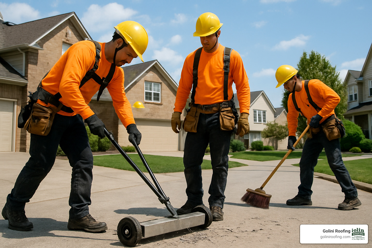 roofing crew performing magnetic cleanup sweep - Average roof replacement time
