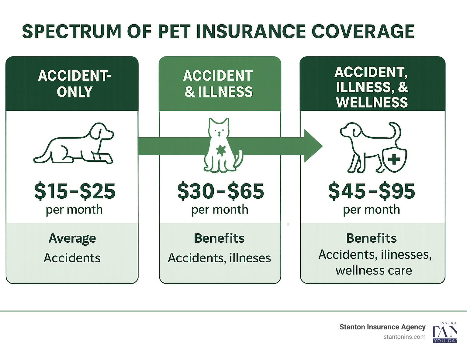 Infographic showing the spectrum of pet insurance coverage from basic accident-only plans to comprehensive accident, illness, and wellness coverage, including average costs and benefits of each tier - pet insurance infographic 