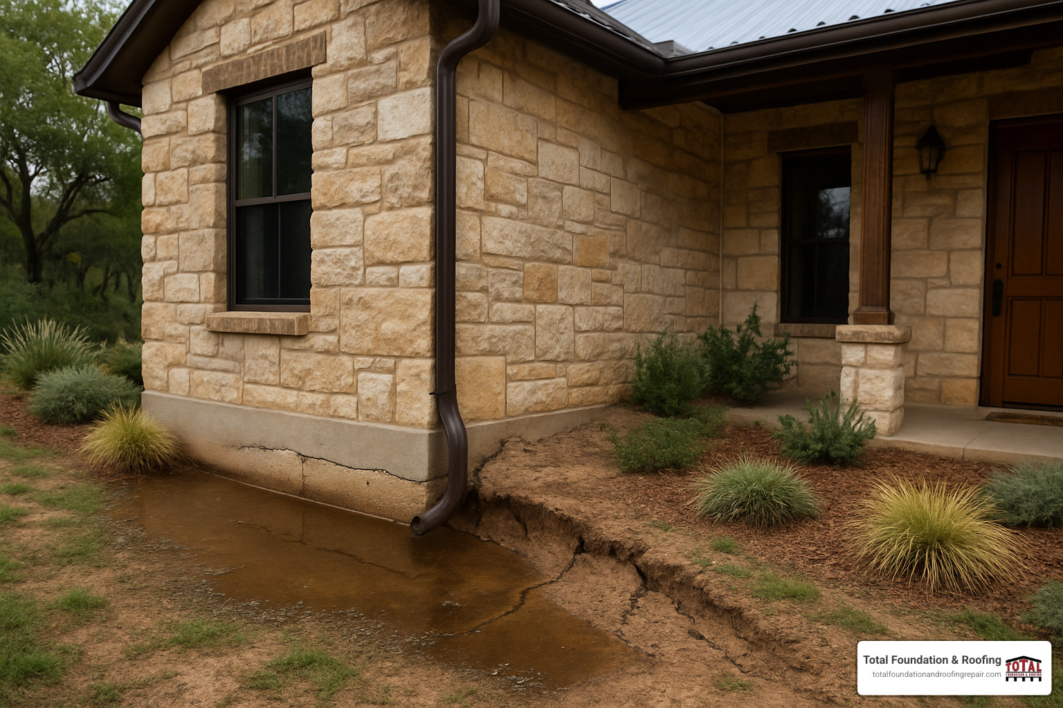 Foundation damage from poor drainage around Kerrville home - gutter installation Kerrville TX