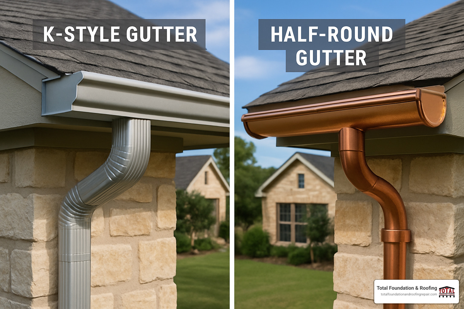 Comparison of K-style and half-round gutters with different materials - gutter installation Kerrville TX
