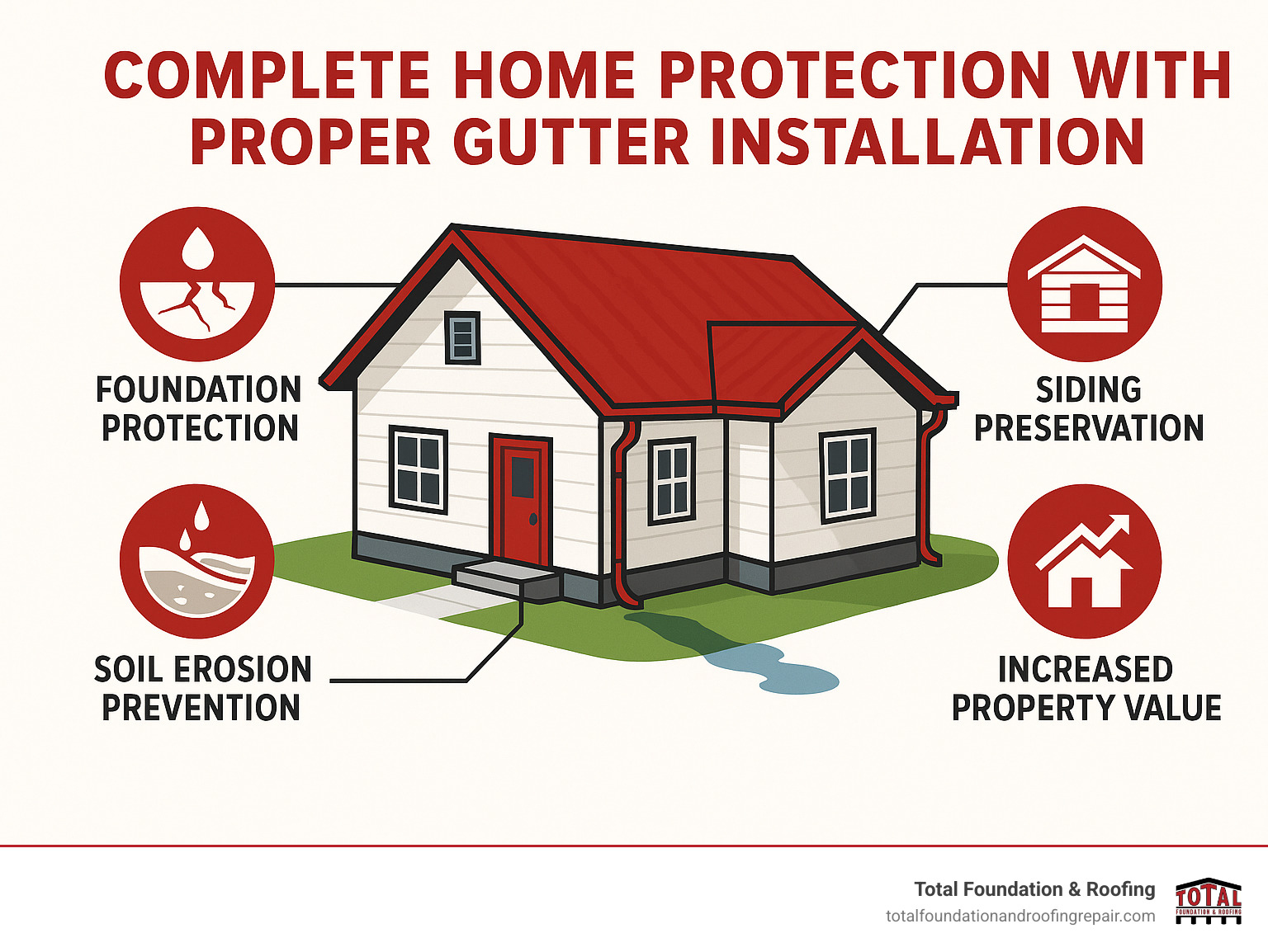 Infographic showing complete home protection with proper gutter installation, including foundation protection, soil erosion prevention, siding preservation, and increased property value - gutter installation Kerrville TX infographic 