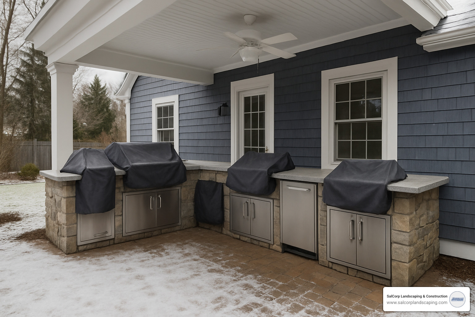 Covered outdoor kitchen prepared for winter weather - Cape Cod outdoor kitchens
