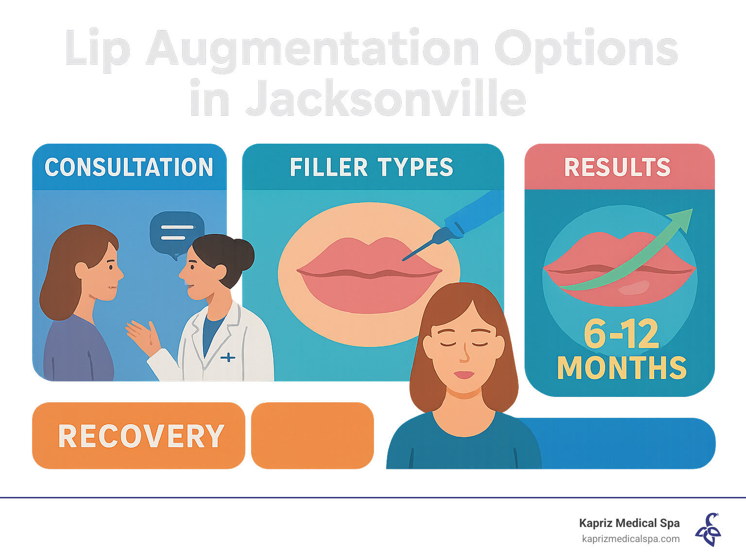 Comprehensive guide showing lip augmentation options in Jacksonville including consultation process, filler types, recovery timeline, and expected results over 6-12 months - lip augmentation jacksonville infographic 
