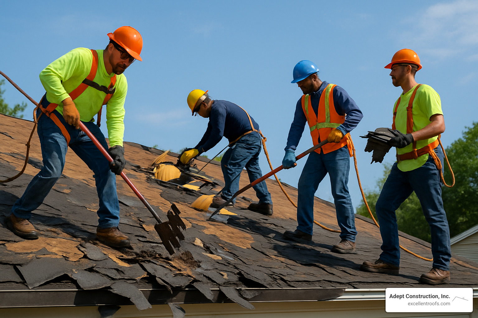 Professional roofing crew performing tear-off work - downers grove roofers