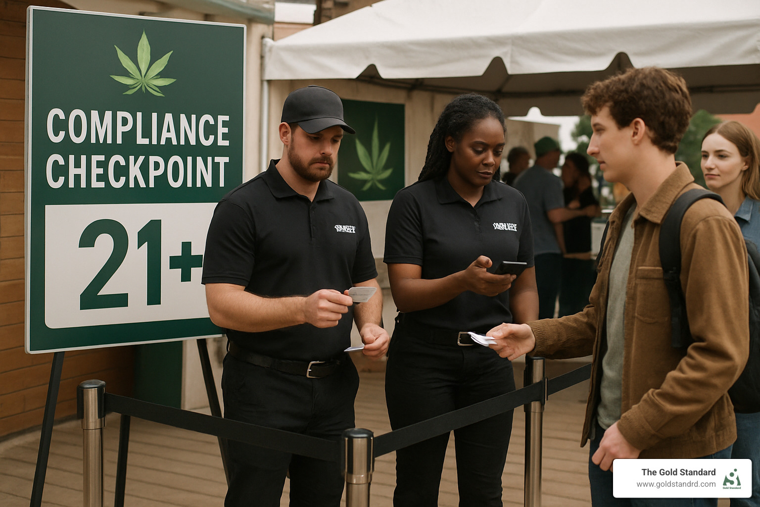 compliance checkpoint with security verification and age checking stations - cannabis pop up events