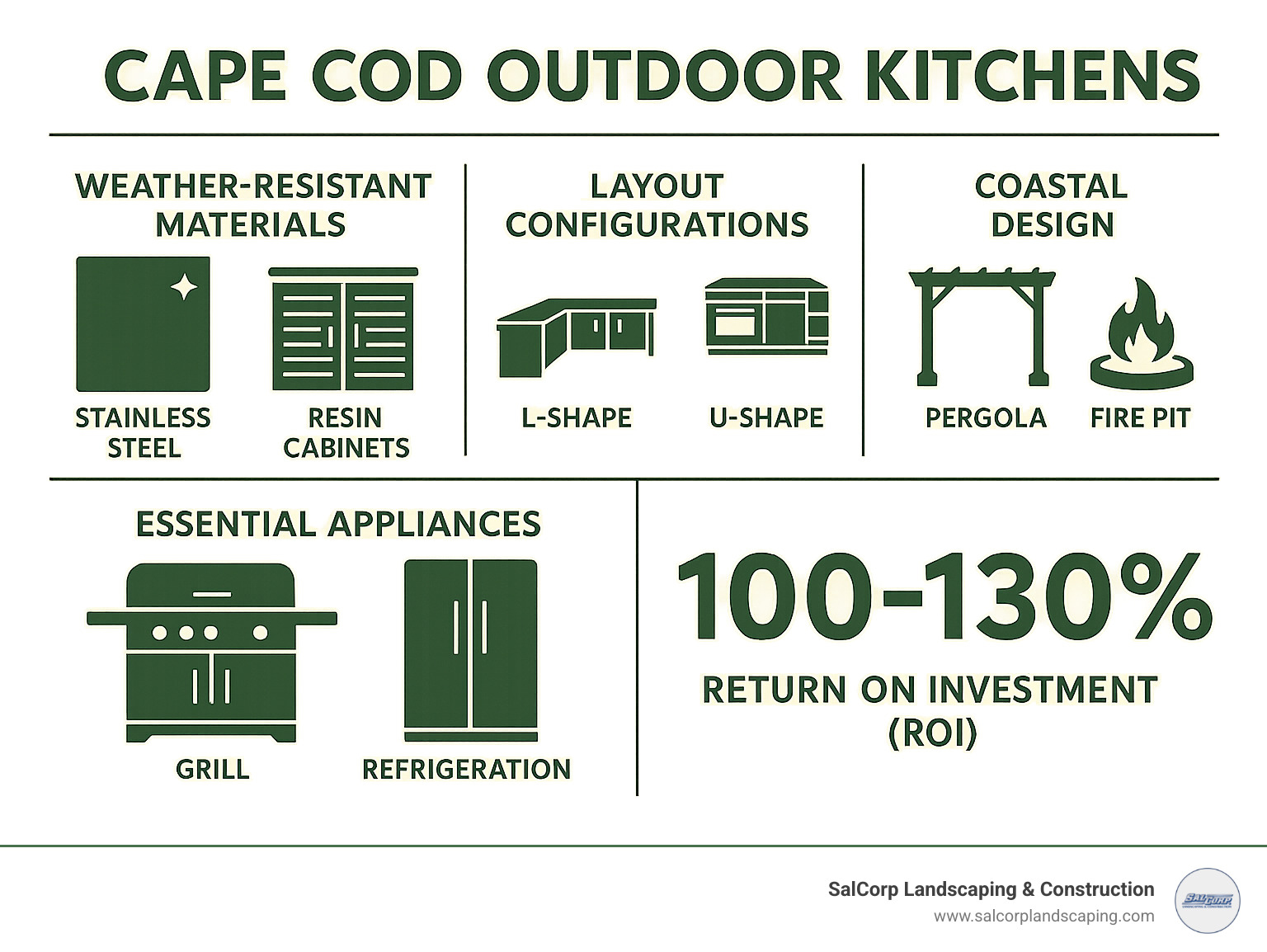 Comprehensive infographic showing Cape Cod outdoor kitchen design elements including weather-resistant materials like stainless steel and resin cabinets, popular layout configurations like L-shape and U-shape designs, essential appliances like grills and refrigeration, coastal design features like pergolas and fire pits, and ROI statistics showing 100-130% return on investment - Cape Cod outdoor kitchens infographic 