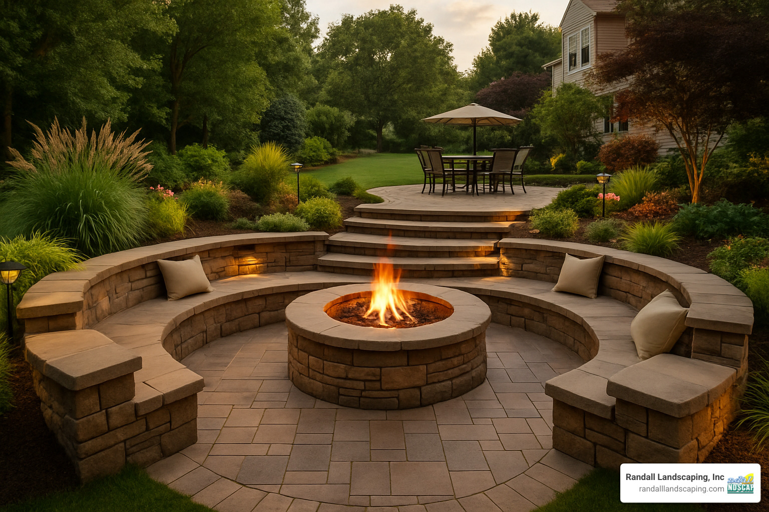 Multi-level patio with fire pit and integrated seating areas - patio design and construction